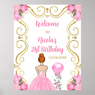 Birthday Party Red Hair Princess Pink Welcome Poster