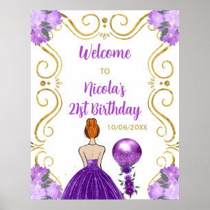 Birthday Party Red Hair Princess Purple Welcome Poster