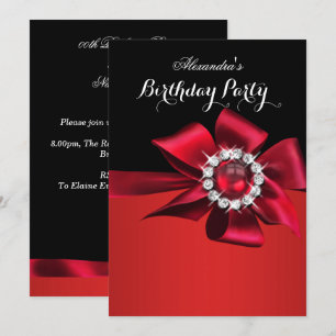 Birthday Party Red Pearl Diamond Bow Invitation