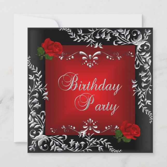 Birthday Party Red Rose Silver Floral Black Invitation (Front)