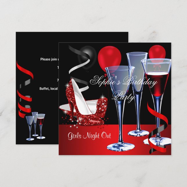 Birthday Party Red Shoe Hi Heels Wine glass Invitation (Front/Back)