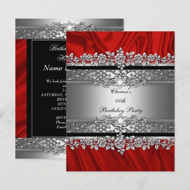 Birthday Party Red Silk Silver Black Diamond Invitation (Front/Back)