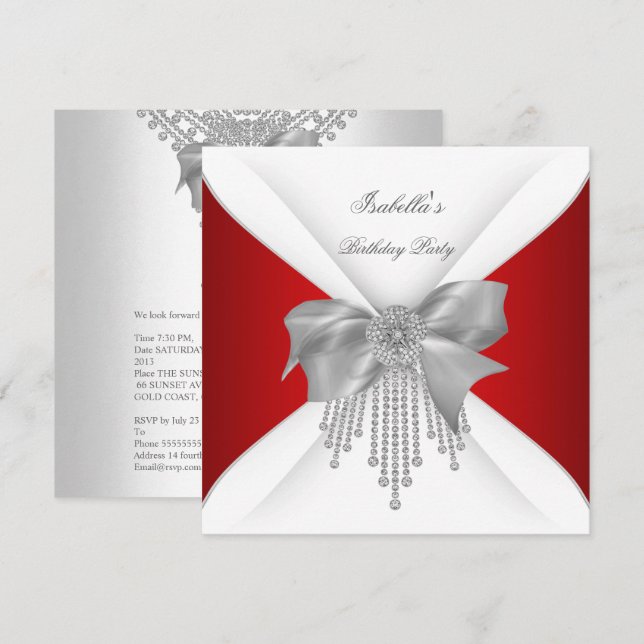 Birthday Party Red Silver White Diamond Bow Invitation (Front/Back)