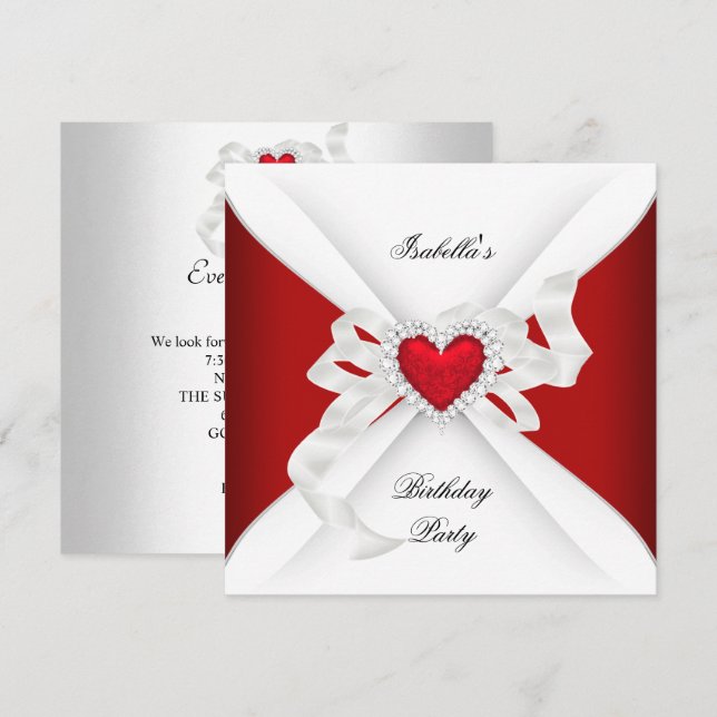 Birthday Party Red Silver White Diamond Heart Invitation (Front/Back)