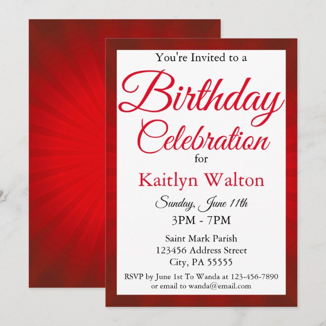 Birthday Party Red Sunburst Script Invitation (Front/Back)