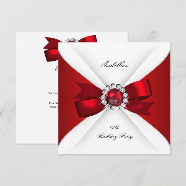 Birthday Party Red White Diamond Red Bow 2 Invitation (Front/Back)