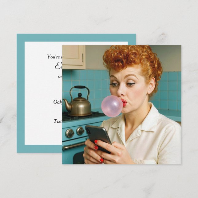 Birthday Party Retro Woman Texting On a Phone Invitation (Front/Back)