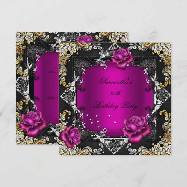 Birthday Party Rich Pink Rose Gold Silver Black Invitation (Front/Back)