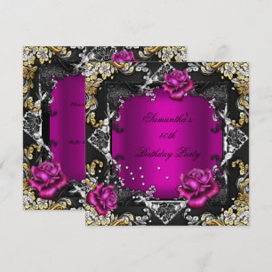 Birthday Party Rich Pink Rose Gold Silver Black Invitation