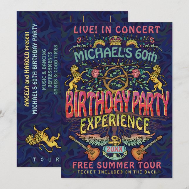 Birthday Party Rock Band Concert Ticket Retro 70s Invitation (Front/Back)