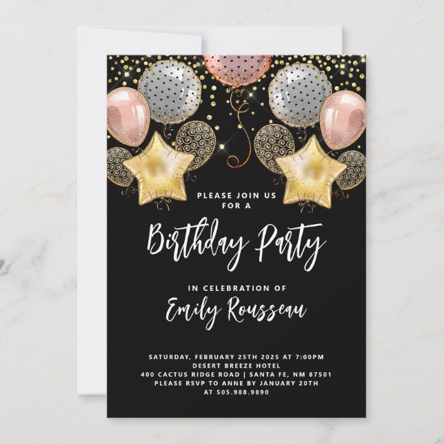 Birthday Party Rose And Gold Balloons Confetti Invitation (Front)