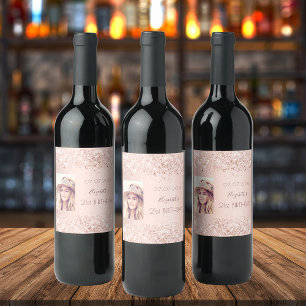Birthday party rose gold blush glitter dust photo wine label