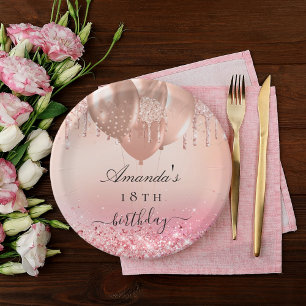 Birthday party rose gold blush pink glitter name paper plate