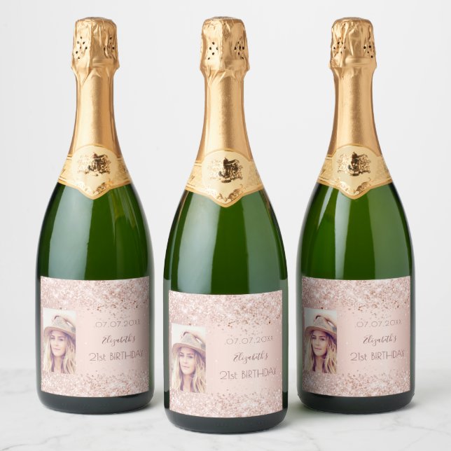 Birthday party rose gold blush pink photo sparkling wine label (Bottles)