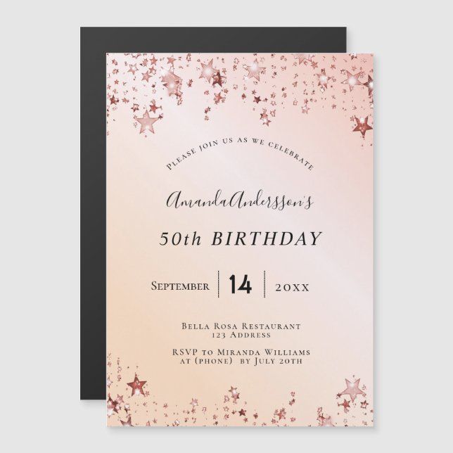Birthday party rose gold blush pink stars modern magnetic invitation (Front/Back)