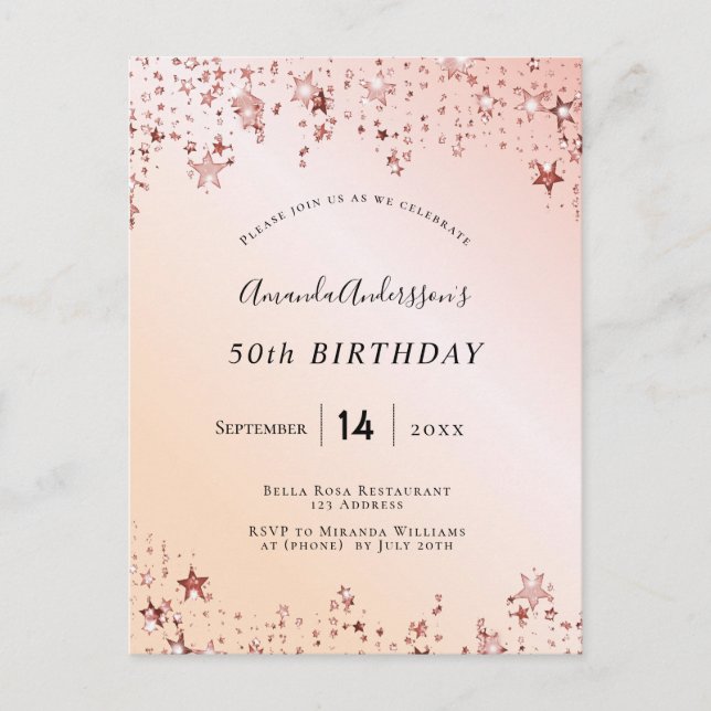 Birthday party rose gold blush pink stars modern postcard (Front)
