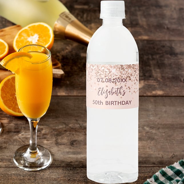 Birthday party rose gold blush sparkles water bottle label (Creator Uploaded)