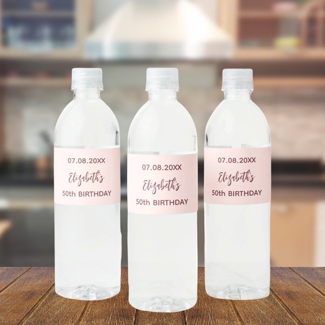 Birthday party rose gold blush water bottle label (Creator Uploaded)