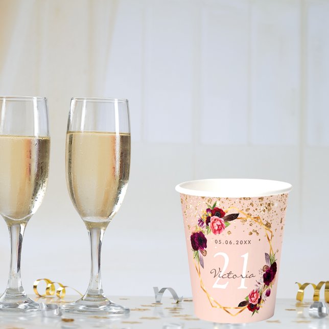 Birthday party rose gold burgundy florals glitter paper cups (Creator Uploaded)