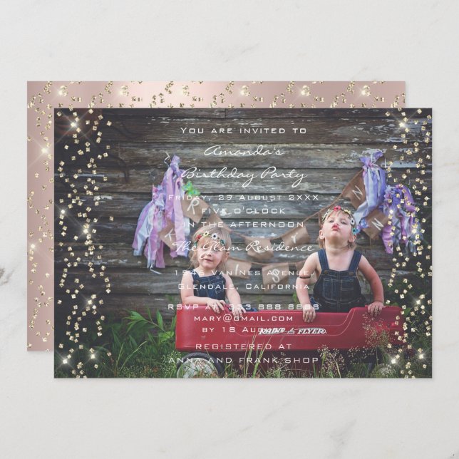 Birthday Party Rose Gold Confetti Glitter Photo Invitation (Front/Back)