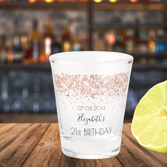 Birthday party rose gold confetti name shot glass (Creator Uploaded)