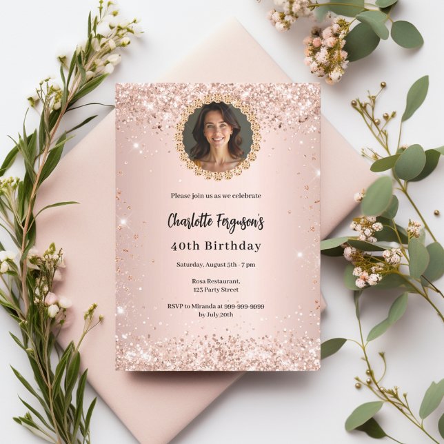 Birthday party rose gold diamond photo invitation (Creator Uploaded)