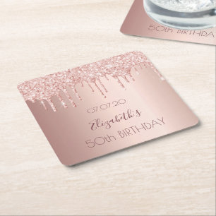 Birthday party rose gold drips square paper coaster