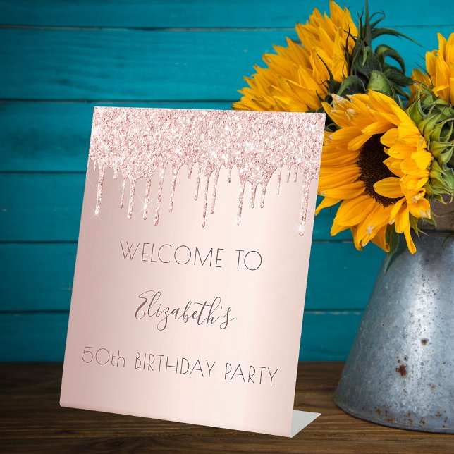 Birthday party rose gold drips welcome pedestal sign (Creator Uploaded)