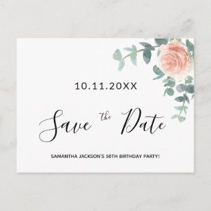 Birthday party rose gold floral save the date postcard