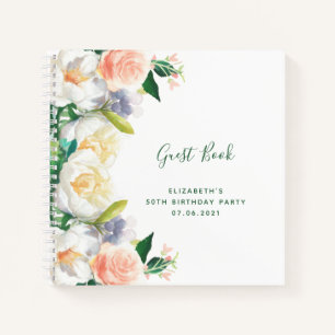 Birthday party rose gold florals white Guest Book