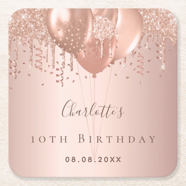 Birthday party rose gold glitter balloons monogram square paper coaster (Front)