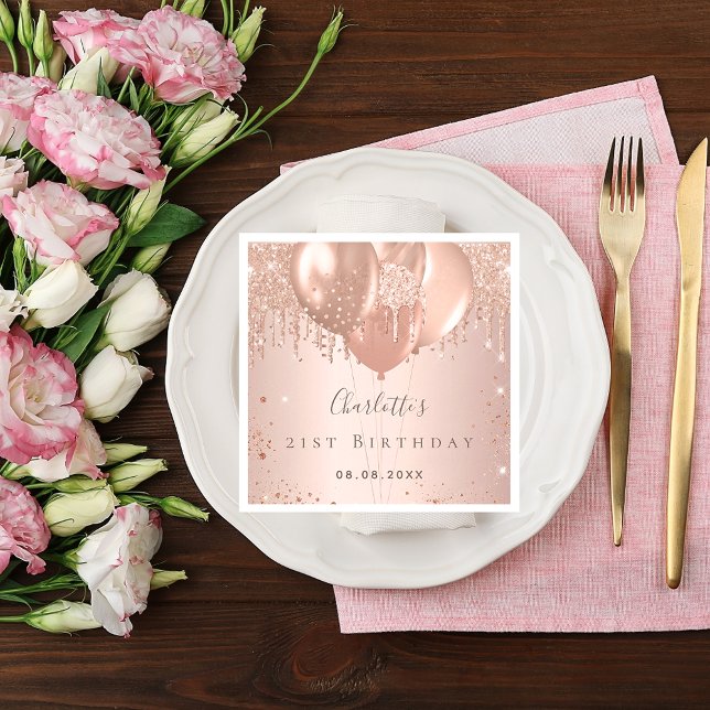 Birthday party rose gold glitter balloons name napkin (Creator Uploaded)