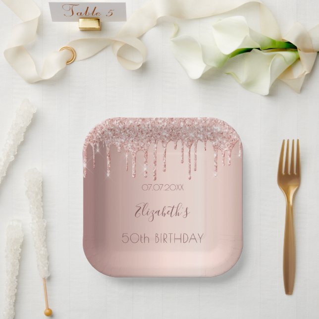 Birthday party rose gold glitter blush drips name paper plate (Wedding)