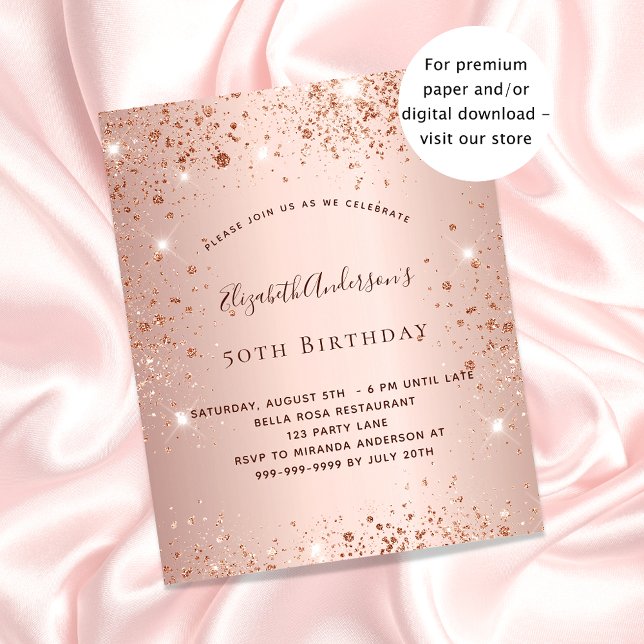 Birthday party rose gold glitter budget invitation flyer (Creator Uploaded)
