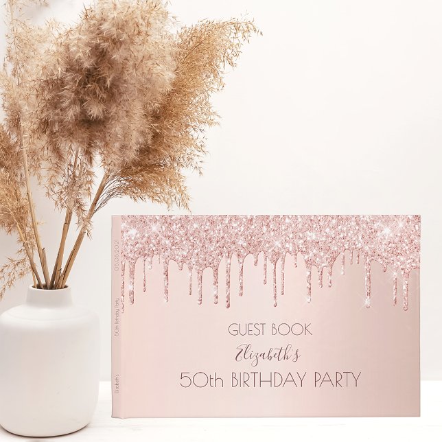 Birthday party rose gold glitter drips pink 50 guest book (Creator Uploaded)