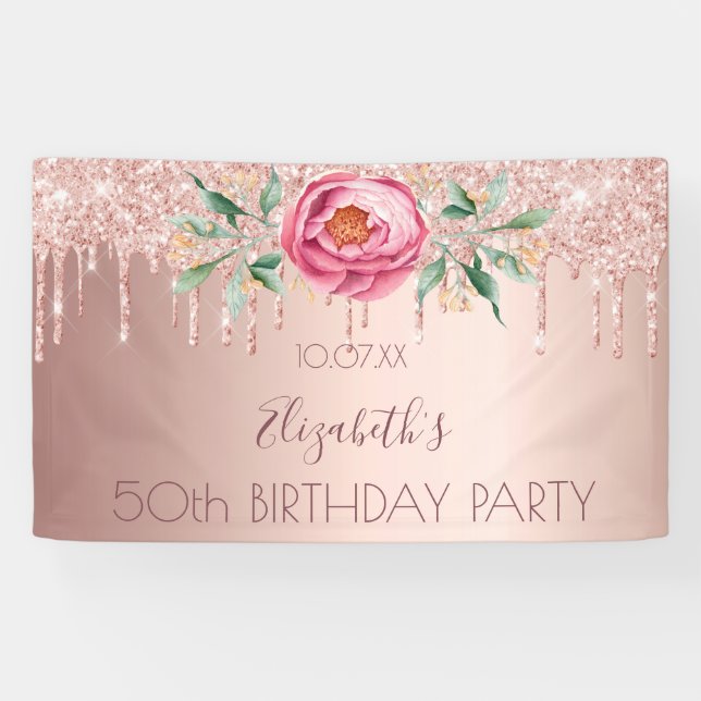 Birthday party rose gold glitter drips pink floral banner (Horizontal)