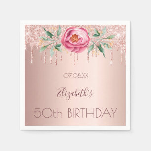 Birthday party rose gold glitter drips pink floral napkin