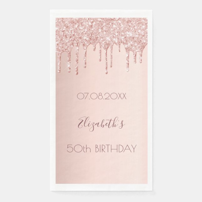 Birthday party rose gold glitter drips pink napkin (Front)