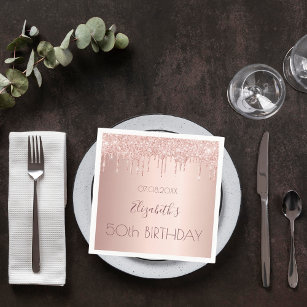 Birthday party rose gold glitter drips pink napkin