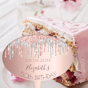 Birthday party rose gold glitter drips silver pink cake pick