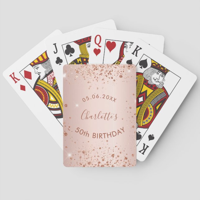 Birthday party rose gold glitter dust monogram playing cards (Back)