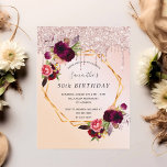 Birthday party rose gold glitter floral invitation postcard<br><div class="desc">On front: An invitation for a 50 years old, 50th (or any age) birthday party. A rose gold, blush pink coloured ombre background with a faux gold geometric frame. Decorated with dark purple and burgundy flowers, roses and boho style feathers. Faux rose gold glitter drips. Templates for a name and...</div>