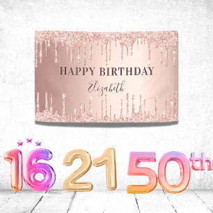 Birthday party rose gold glitter monogram luxury  banner