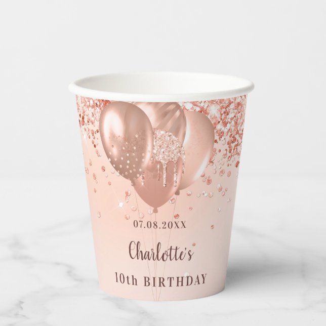 Birthday party rose gold glitter monogram name paper cups (Front)