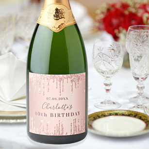 Birthday party rose gold glitter monogram sparkling wine label