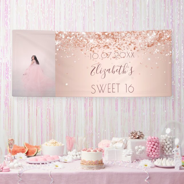 Birthday party rose gold glitter photo welcome banner (Party)