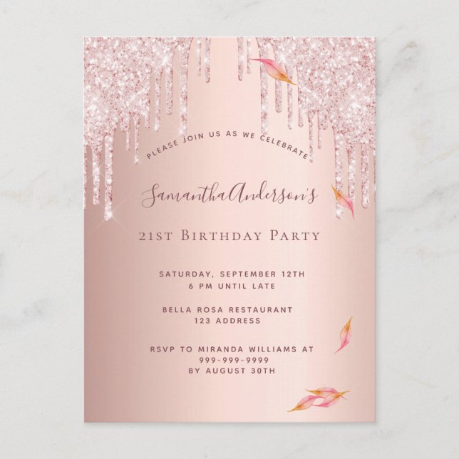 Birthday party rose gold glitter pink invitation postcard (Front)