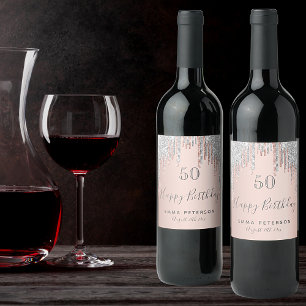 Birthday party rose gold glitter pink silver wine label