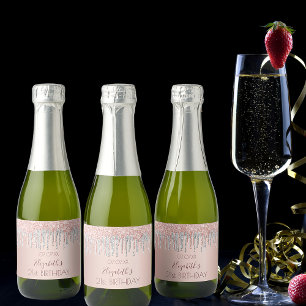 Birthday party rose gold glitter pink sparkle name sparkling wine label