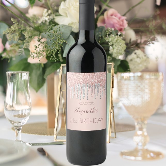 Birthday party rose gold glitter pink sparkle name wine label (Creator Uploaded)